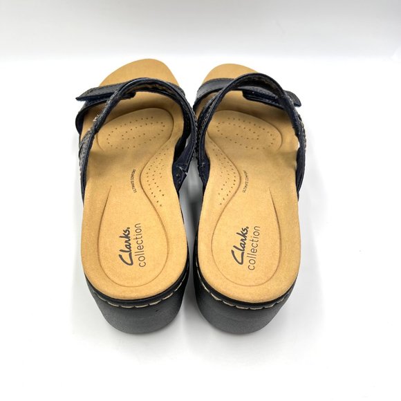 Clarks Size 11 Merliah Coral Navy Blue Leather Low Wedge Slip On Sandals Shoes - Picture 8 of 15